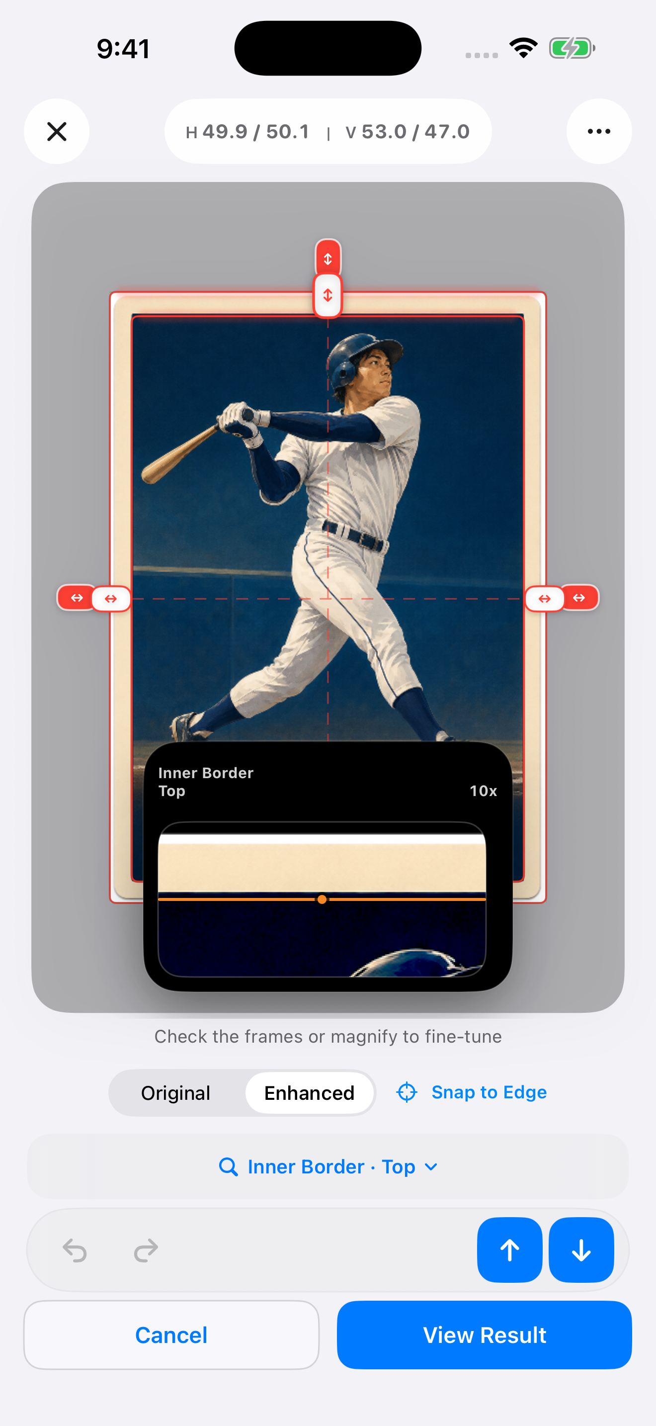 CenterMint focus loupe inspecting the top inner border on an illustrative baseball card